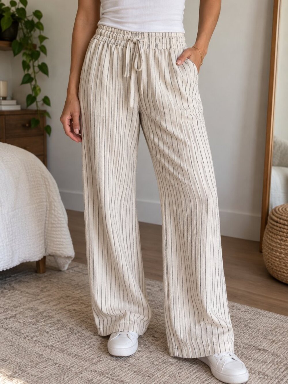 Silver Jeans Co. Cream & Black Striped Wide Leg Pants Size Small